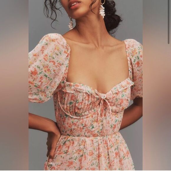 New Anthropologie ASTR The Label Lunaria Pleated Floral Orange Midi Dress - Picture 2 of 10